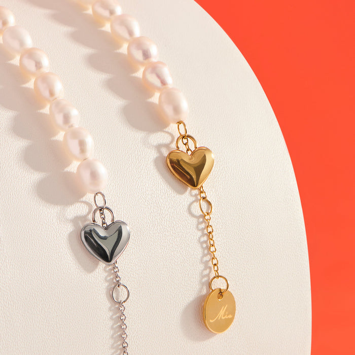 Stainless steel fresh pearls bracelet with heart charm perles véritables breloque coeur acier inoxydable MIA