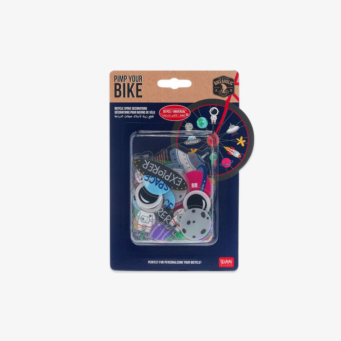 Packaged bicycle decoration set with Space theme with 'Pimp Your Bike' branding on a white background