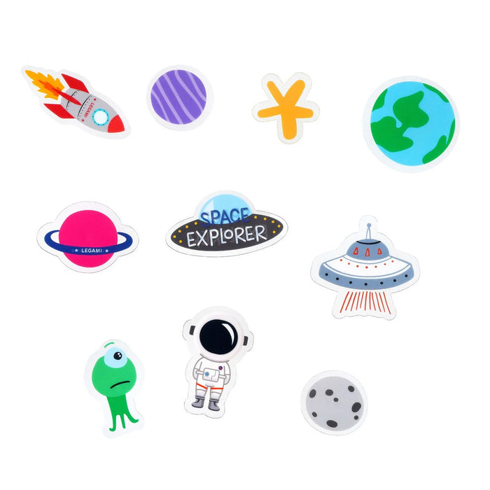 Set of colorful space-themed decoration for bike on a white background