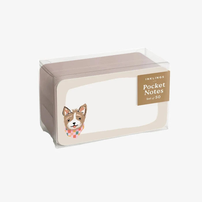 Box of pocket notes with a dog illustration on a white background