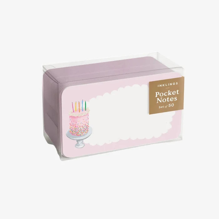 Box of pocket notes with a birthday cake illustration on a white background
