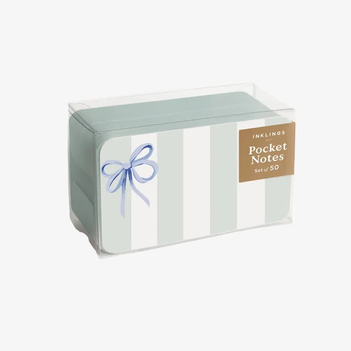 Pack of pocket notes with a blue bow design on a white background