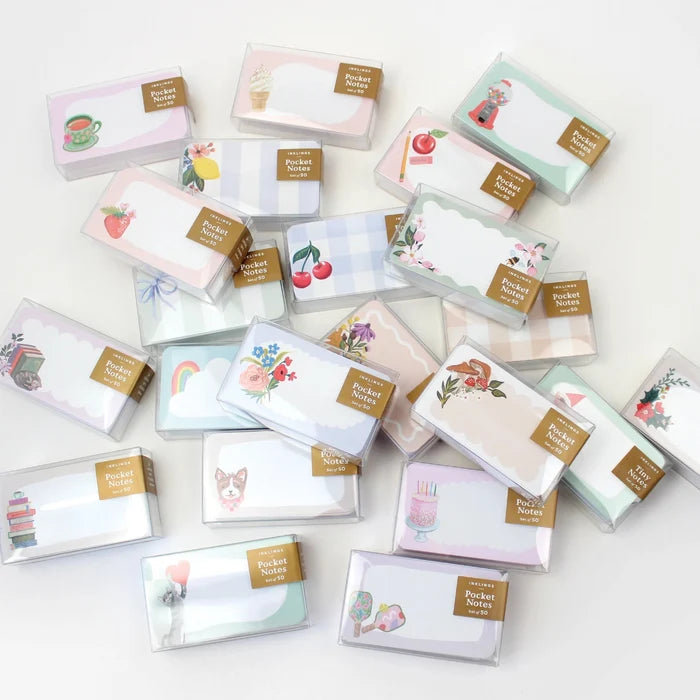 Collection of small cards with various designs on a white background