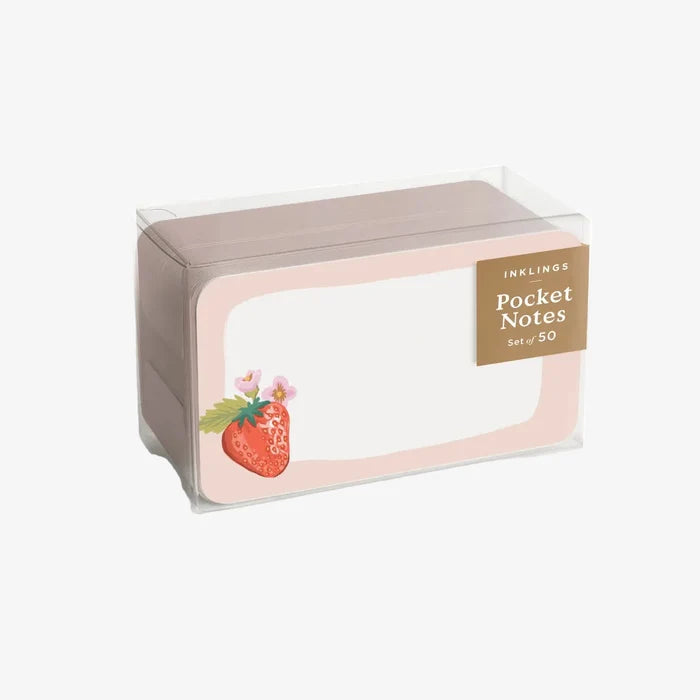 Box of pocket notes with a strawberry design on a white background