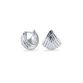 Silver stainless steel sculptural fan-shaped hoop earrings with layered geometric design, modern minimalist jewelry, hypoallergenic non-tarnish durable earrings, elegant contemporary statement jewelry.