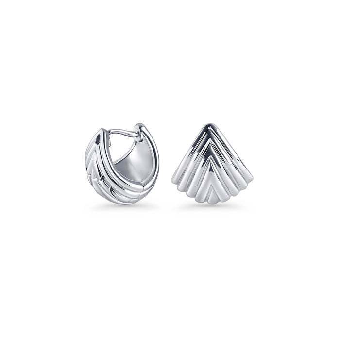 Silver stainless steel sculptural fan-shaped hoop earrings with layered geometric design, modern minimalist jewelry, hypoallergenic non-tarnish durable earrings, elegant contemporary statement jewelry.