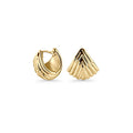 Gold stainless steel sculptural fan-shaped hoop earrings with layered geometric design, bold modern jewelry, hypoallergenic non-tarnish durable earrings, elegant contemporary statement jewelry.