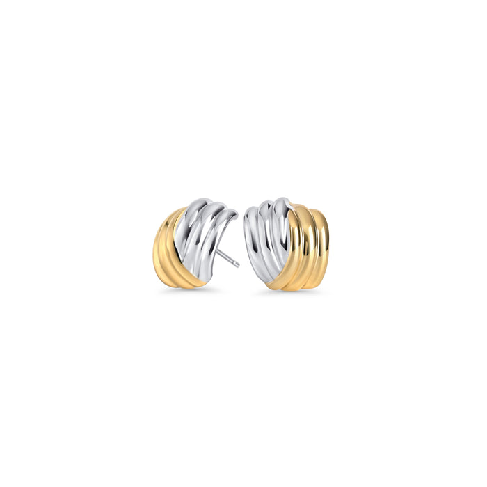 Two-tone stud earrings with a curved ribbed design on a white background. Nickel-free and waterproof jewelry by Mia Bijoux Canada.

Boucles d'oreilles deux tons au design courbé à rainures sur fond blanc. Bijoux sans nickel et résistants à l'eau par Mia Bijoux Canada.