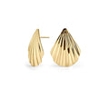 Gold stainless steel sculptural stud earrings with shell-inspired design, bold modern jewelry, hypoallergenic non-tarnish durable earrings, elegant statement everyday jewelry.