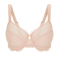One peach lace full cup bra with wide straps and scalloped edges.