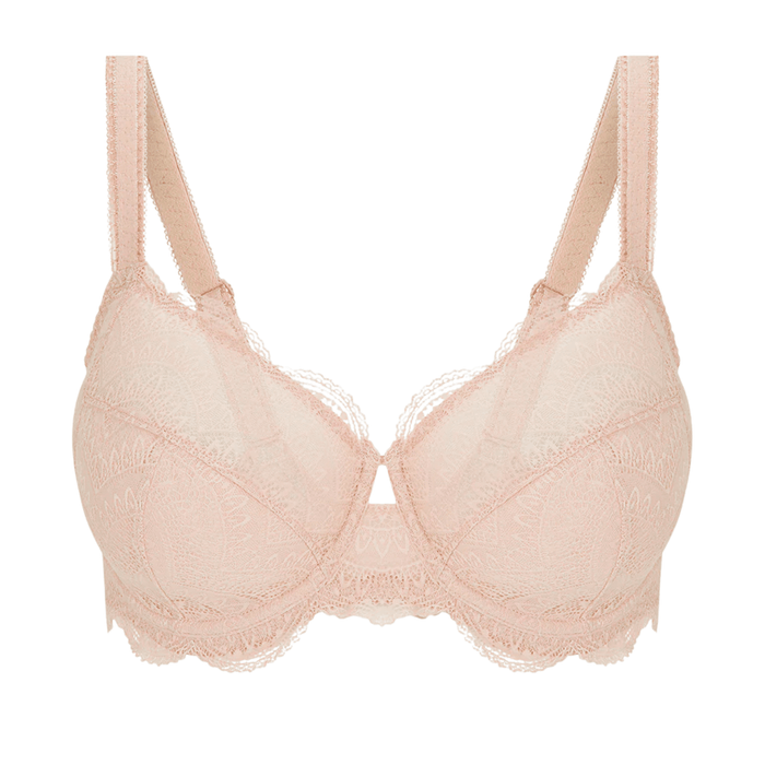 One peach lace full cup bra with wide straps and scalloped edges.