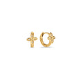 Gold huggie hoop earrings with a four-petal flower motif set with small clear stones on a white background. Nickel-free and waterproof jewelry by Mia Bijoux Canada.

Boucles d'oreilles anneaux dorées à motif fleur à quatre pétales serti de petites pierres transparentes sur fond blanc. Bijoux sans nickel et résistants à l'eau par Mia Bijoux Canada.