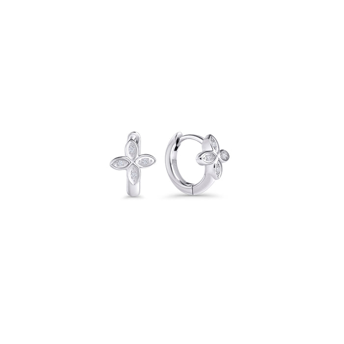 Silver huggie hoop earrings with a four-petal flower motif set with small clear stones on a white background. Nickel-free and waterproof jewelry by Mia Bijoux Canada.

Boucles d'oreilles anneaux argentées à motif fleur à quatre pétales serti de petites pierres transparentes sur fond blanc. Bijoux sans nickel et résistants à l'eau par Mia Bijoux Canada.