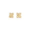 Gold stainless steel flower stud earrings with cubic zirconia, delicate everyday earrings, hypoallergenic jewelry for sensitive ears, tarnish resistant and designed for long-lasting shine in Canada.