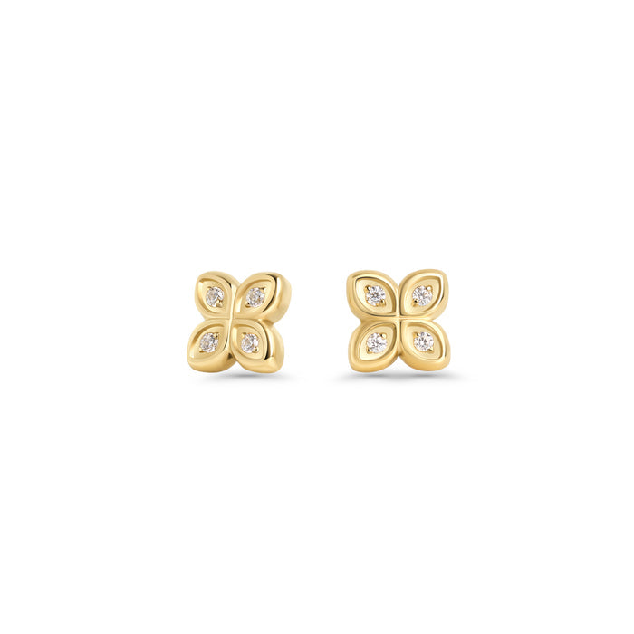 Gold stainless steel flower stud earrings with cubic zirconia, delicate everyday earrings, hypoallergenic jewelry for sensitive ears, tarnish resistant and designed for long-lasting shine in Canada.