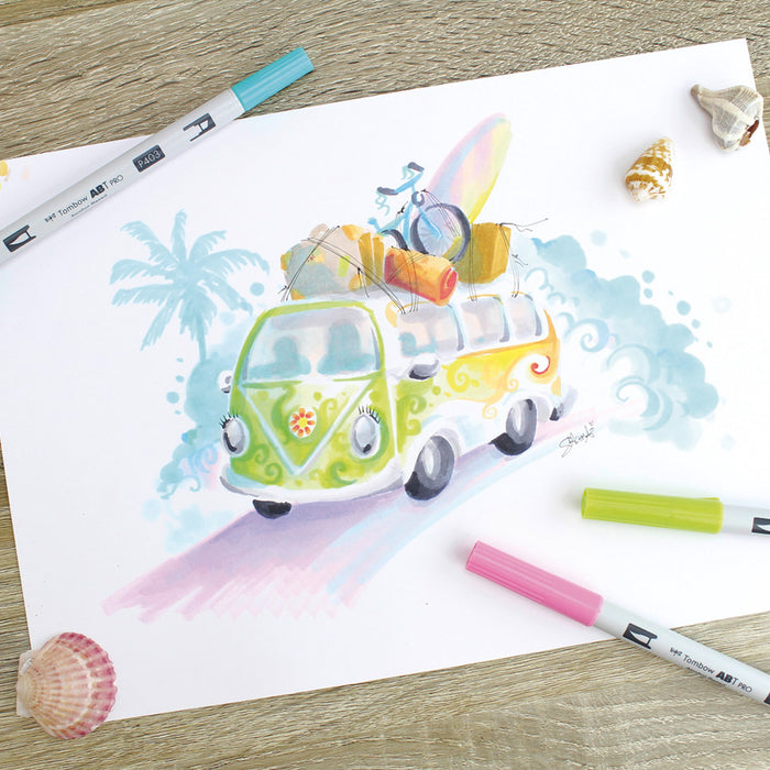 Colorful drawing of a van with surfboard and palm trees on paper with markers and shells.