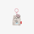 Plush keychain shaped like a cat holding a milk bottle on a white background