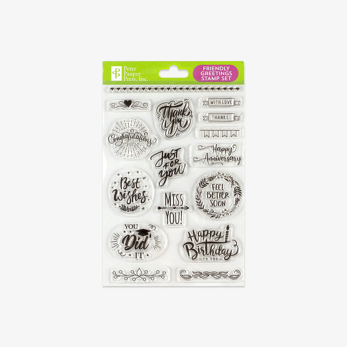 Set of clear stamps with various phrases on a white background