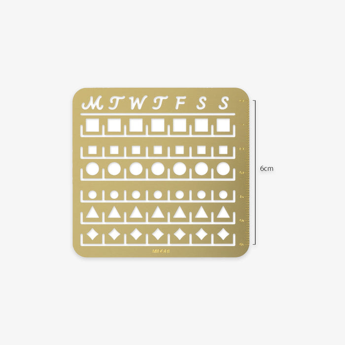 Gold stencil with days of the week and geometric shapes on a white background
