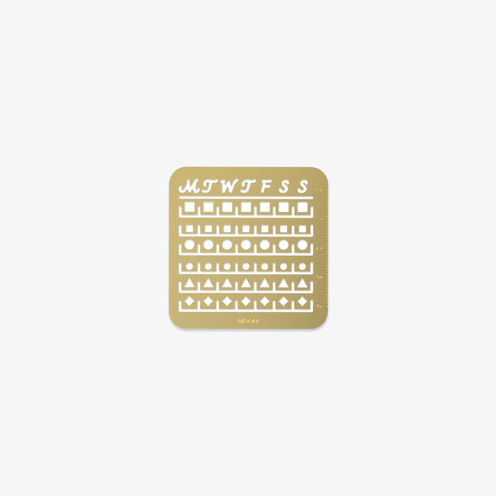 Gold calendar stencil with days of the week symbols on a white background