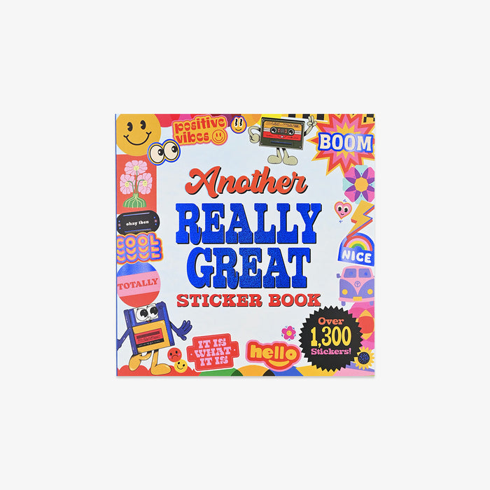 Colorful sticker book cover with cartoon characters and text on a white background