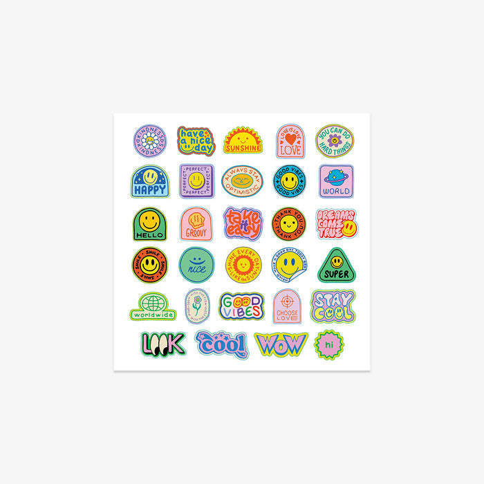 Collection of colorful stickers with various designs and text on a white background