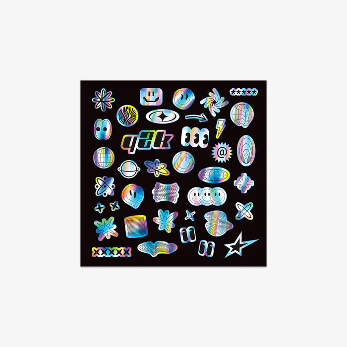 Sheet of colorful holographic stickers on a black background