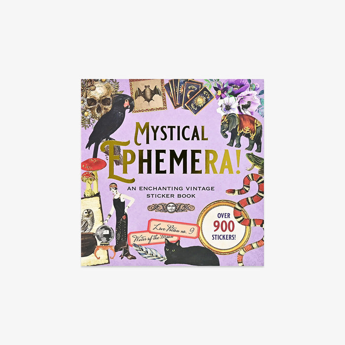 Mystical Ephemera sticker book cover with vintage-style illustrations on a purple background