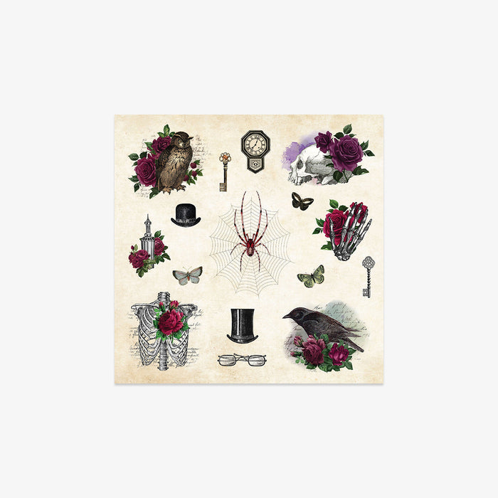 Collection of vintage-style sticker illustrations on a beige background
