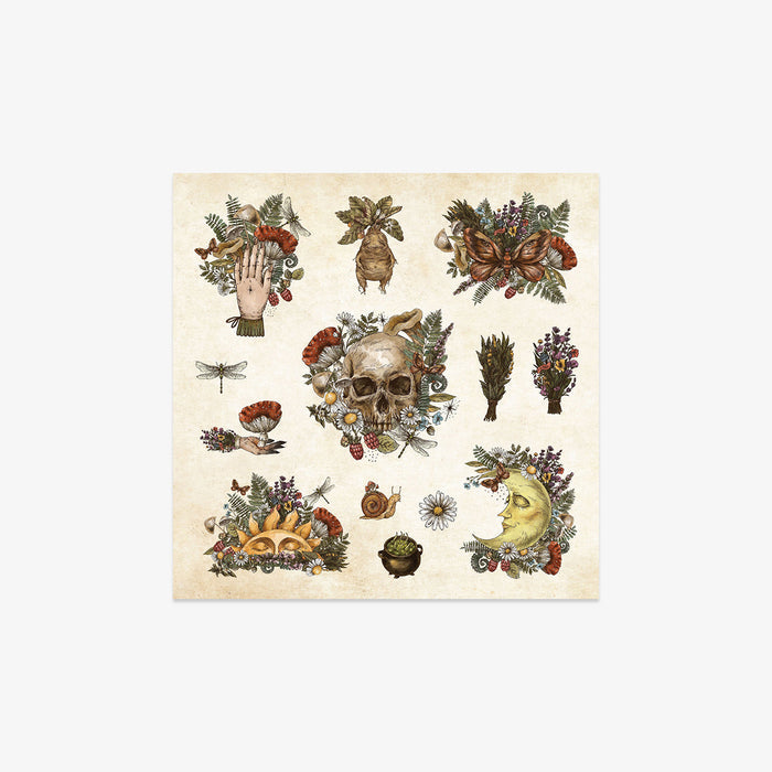 Sticker illustrations of a skull, flowers, and other elements on a beige background