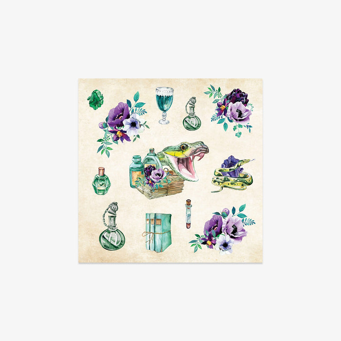Collection of sticker designs of potion bottles, flowers, and a snake on a beige background