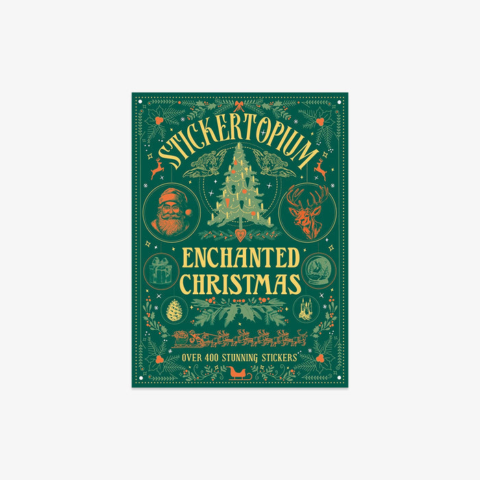 Sticker book cover titled 'Enchanted Christmas' by Stickertopium with festive illustrations on a green background.