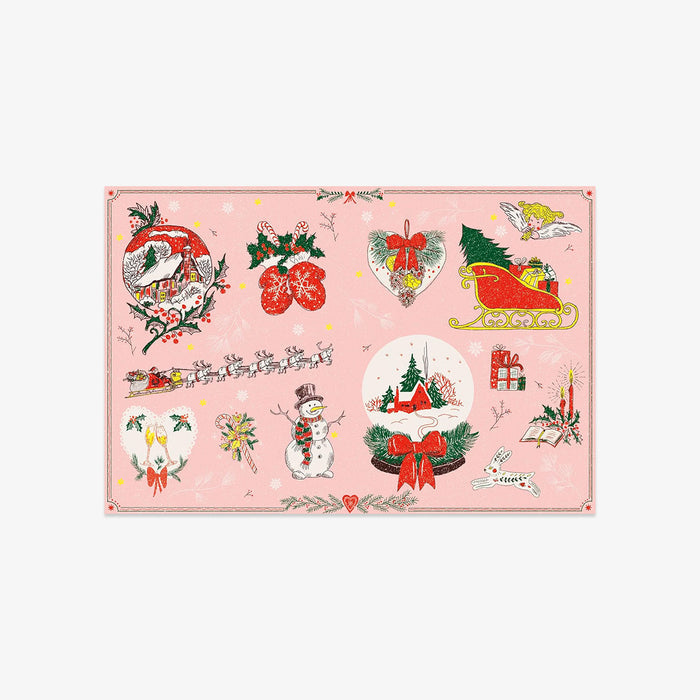Decorative Christmas-themed stickers with festive illustrations on a pink background