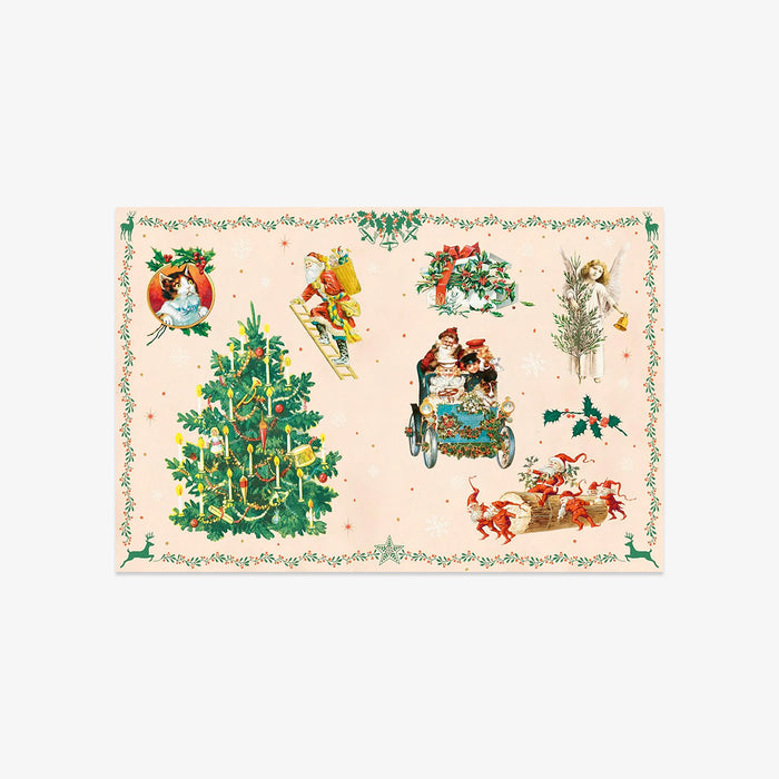Decorative Christmas-themed stickers with illustrations of a Christmas tree, Santa Claus, and other festive elements on a light pink background.