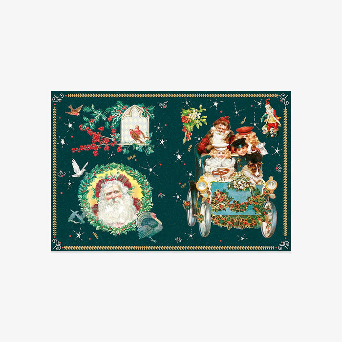 Decorative Christmas-themed stickers with Santa Claus and winter scenes on a green background.