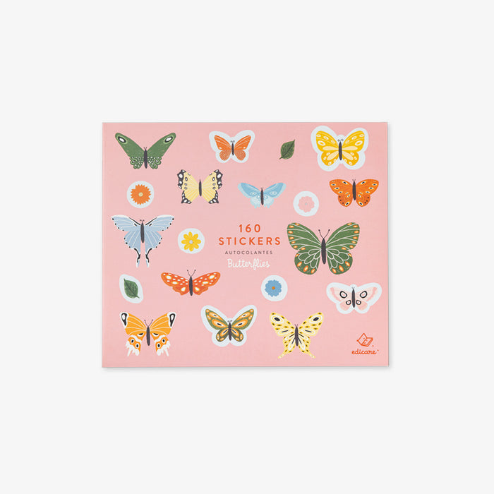 Pack of stickers with butterfly designs on a pink background