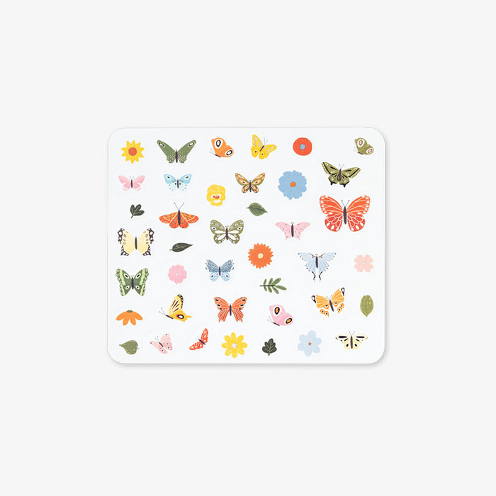 Sticker sheet with colorful butterflies and flowers on a white background