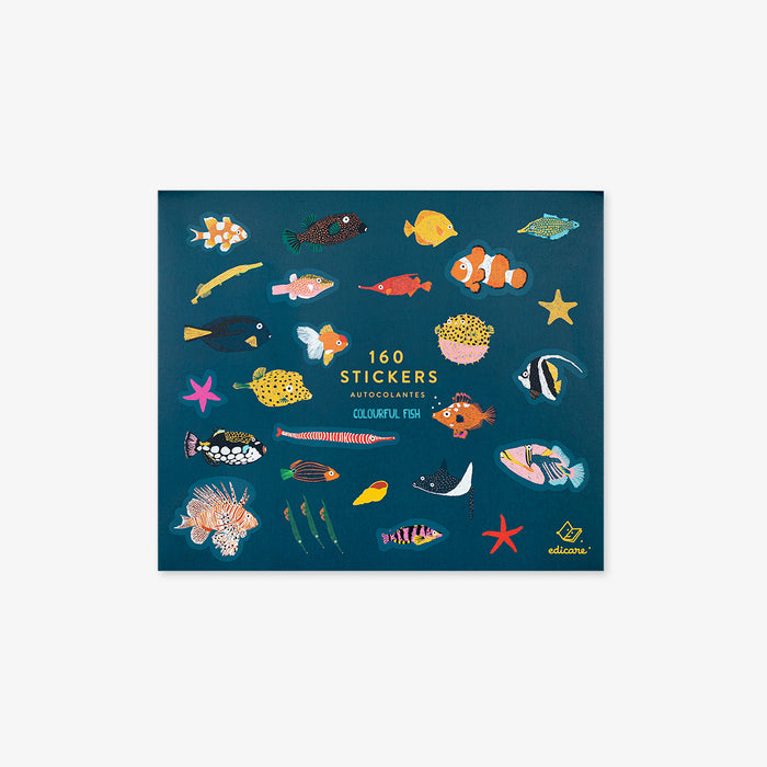 Pack of stickers with colorful fish illustrations on a blue background