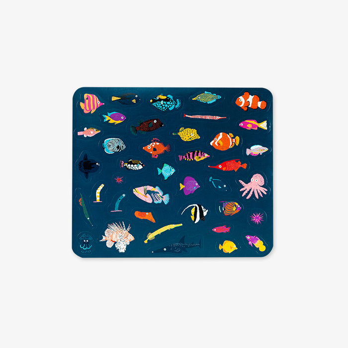 Stickers with colorful underwater animal illustrations on a white background