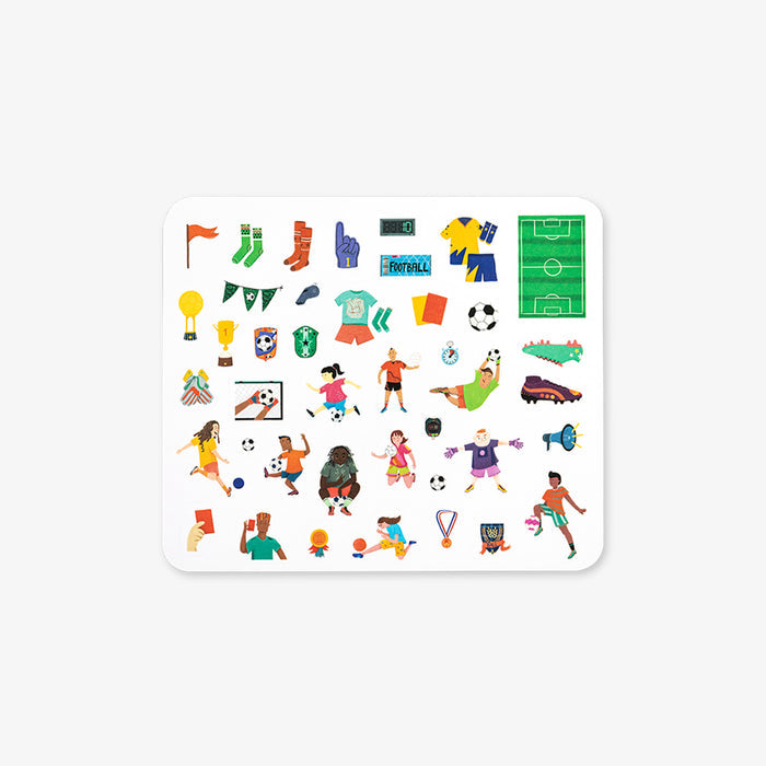 Collection of colorful soccer-themed stickers on a white background