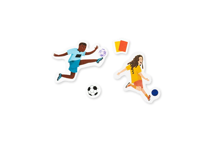 Sticker illustrations of two soccer players with a ball and flag on a white background