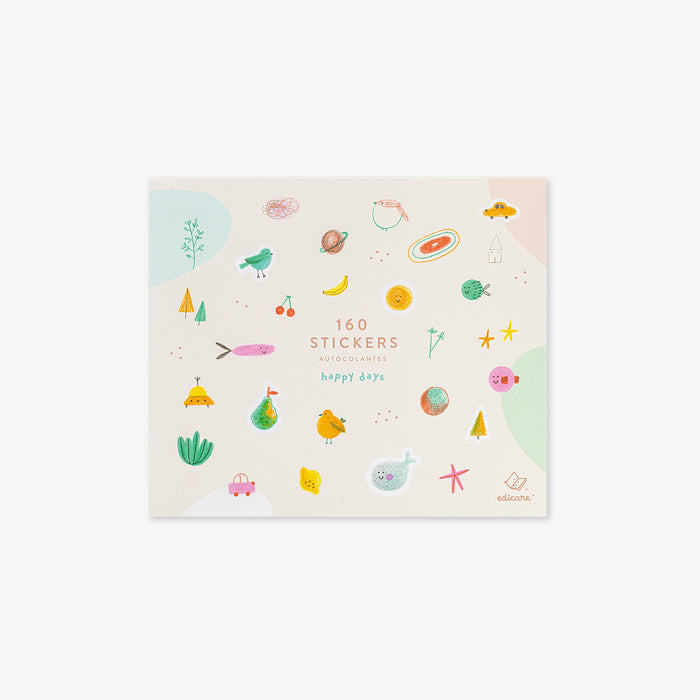 Pack of stickers with various illustrations on a white background