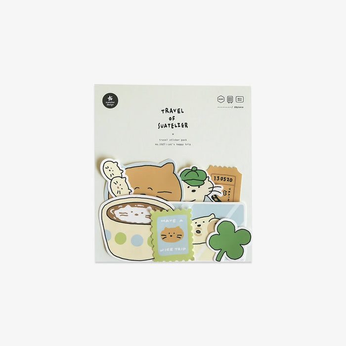 Packaged product with cute sticker illustrations of cats and a shamrock on a white background