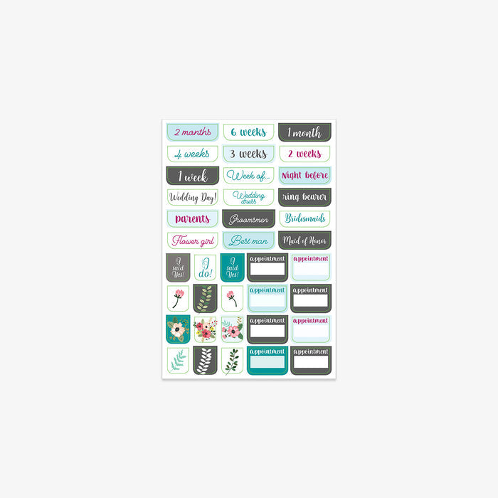 Collection of wedding-themed planner stickers on a white background