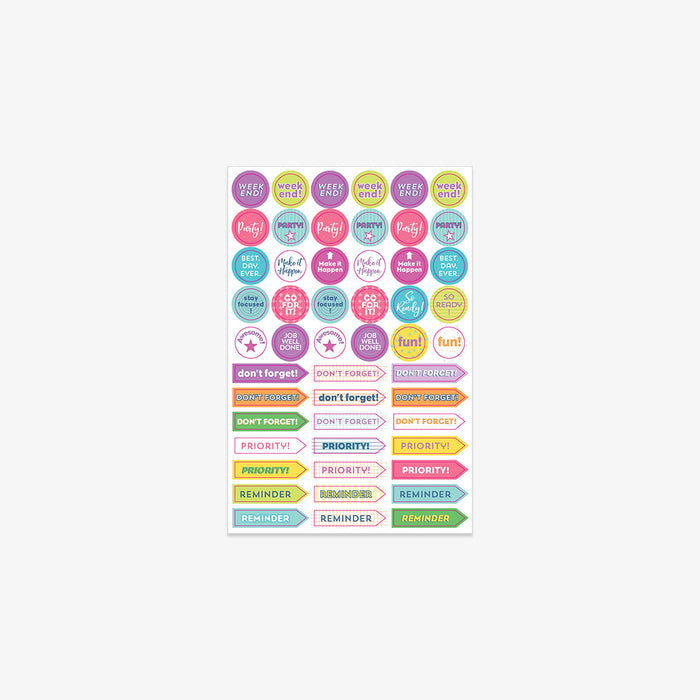 Sheet of colorful planner stickers on a white background