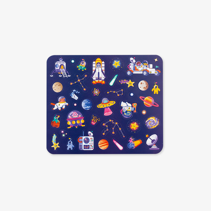Sticker sheet with space-themed illustrations on a blue background