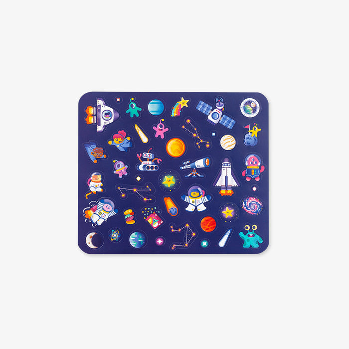 Colorful space-themed stickers with various celestial objects on a white background