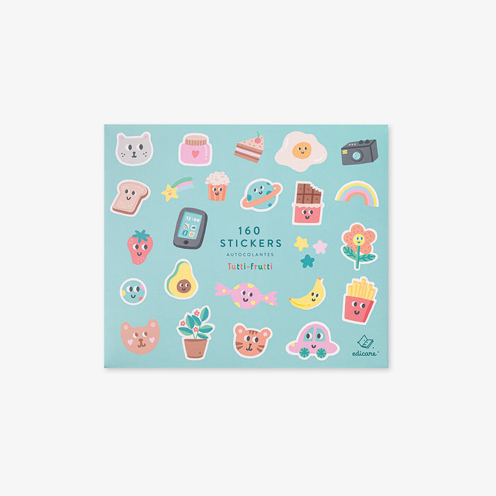 Pack of stickers with various cute illustrations on a light blue background