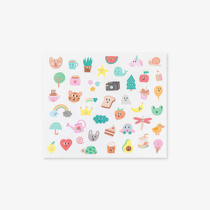 Sheet of colorful stickers with various designs on a white background