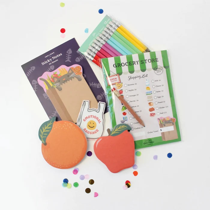 Set of stationery items including sticky notes, a notepad, and a shopping list on a white background.
